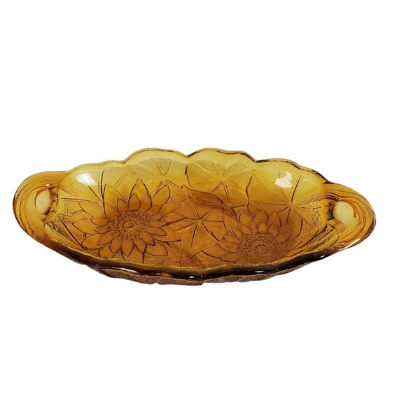 Vintage Amber Gold Opalescent Glass Oval Sunflower Bowl Relish Nut Candy Dish - Picture 10 of 10